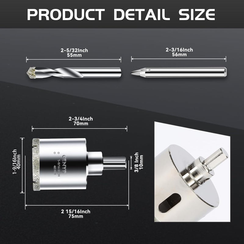 cenyb 1-9/16inch | 40mm Diamond Hole Saw with Center Drill bit and Diamond-Coated Center Drill bit for Ceramic Glass Marble Fiberglass Granite and Porcelain Tiles by - Image 2